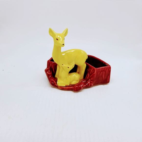 Vintage Shawnee Deer Planter 669, Doe & Fawn MCM Art Pottery, Yellow Burgundy - Picture 1 of 6